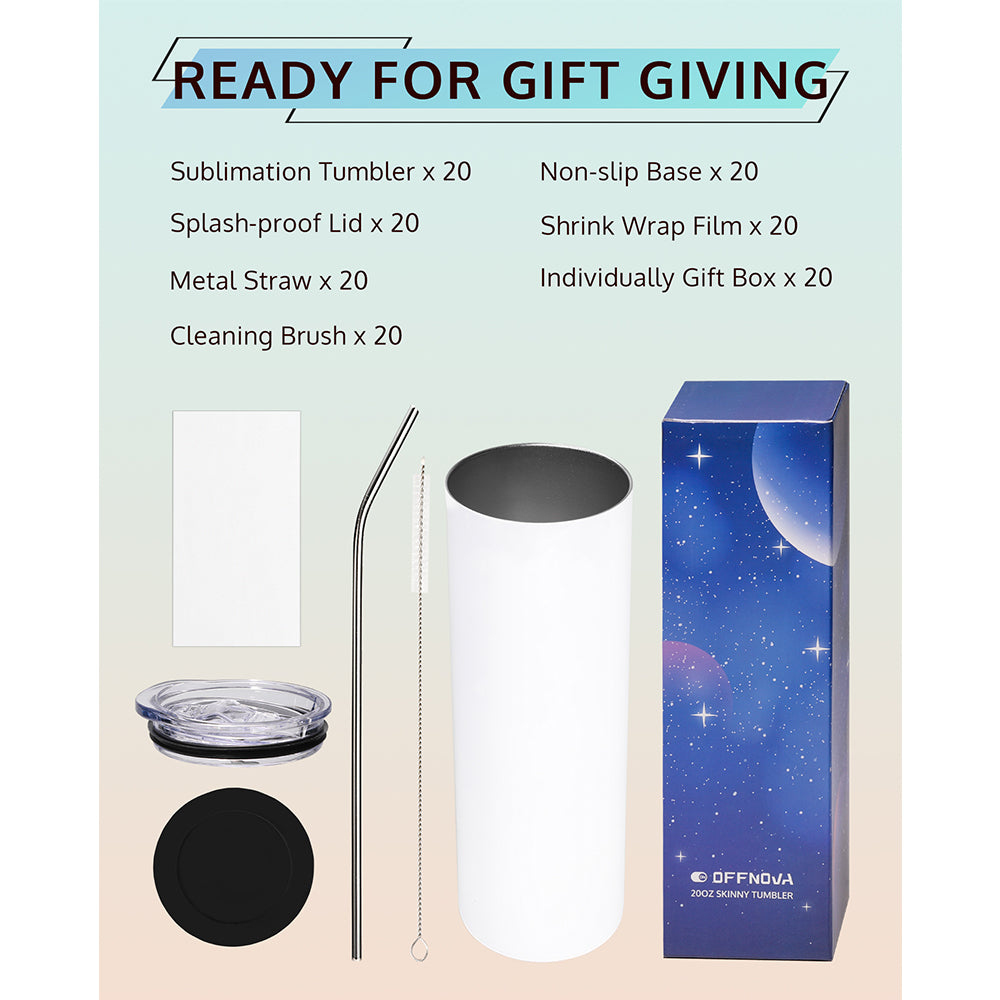 20oz Blank Tumbler for Sublimation Heat Press 2-Pack with Straw, Shrink Wrap, Non-slip Silicone Base