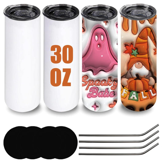 30oz Blank Stainless Tumbler with Lids and Straws 4-Pack for Sublimation Heat Press