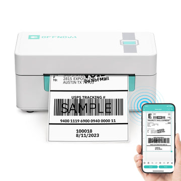 A Bluetooth Thermal Label Printer connected to a smartphone, printing a label with barcodes.