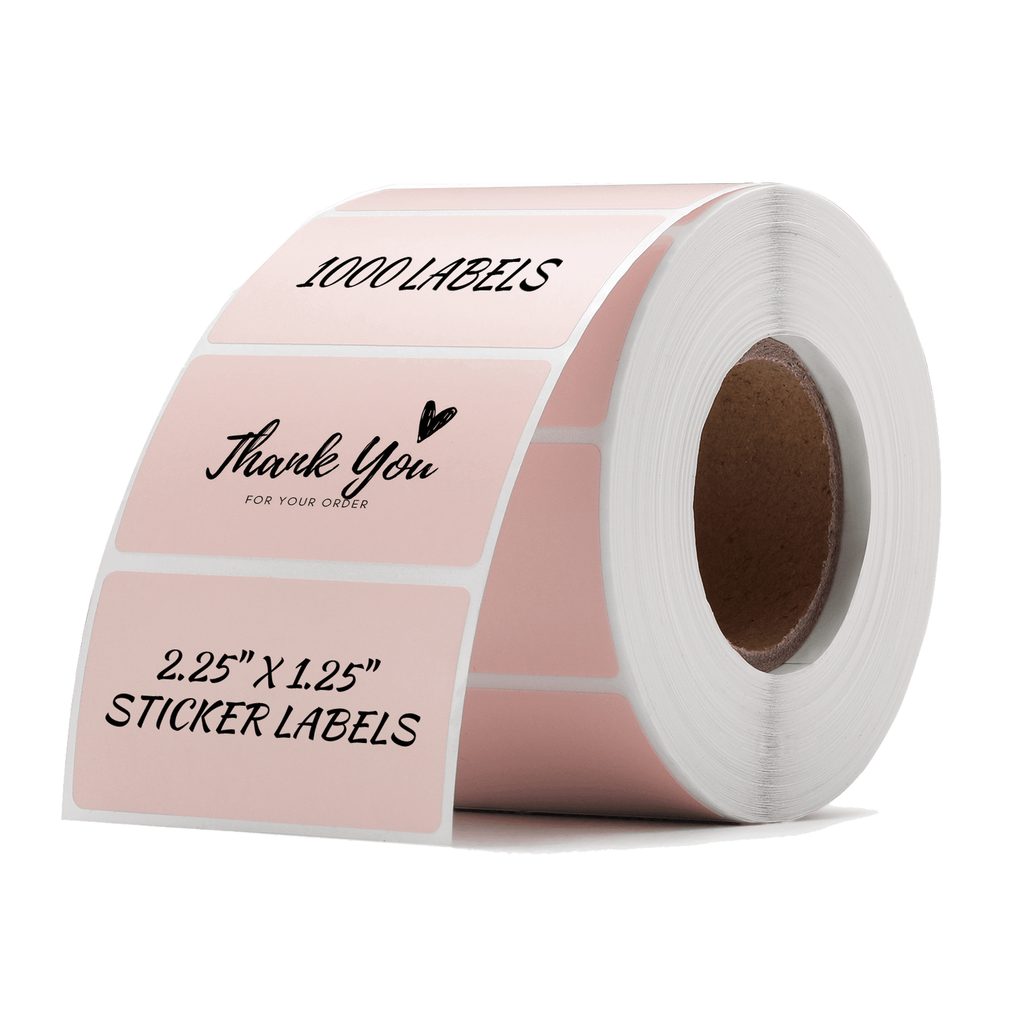 A roll of pink direct thermal labels with 'Thank You' text and dimensions indicated as 2.25" x 1.25".