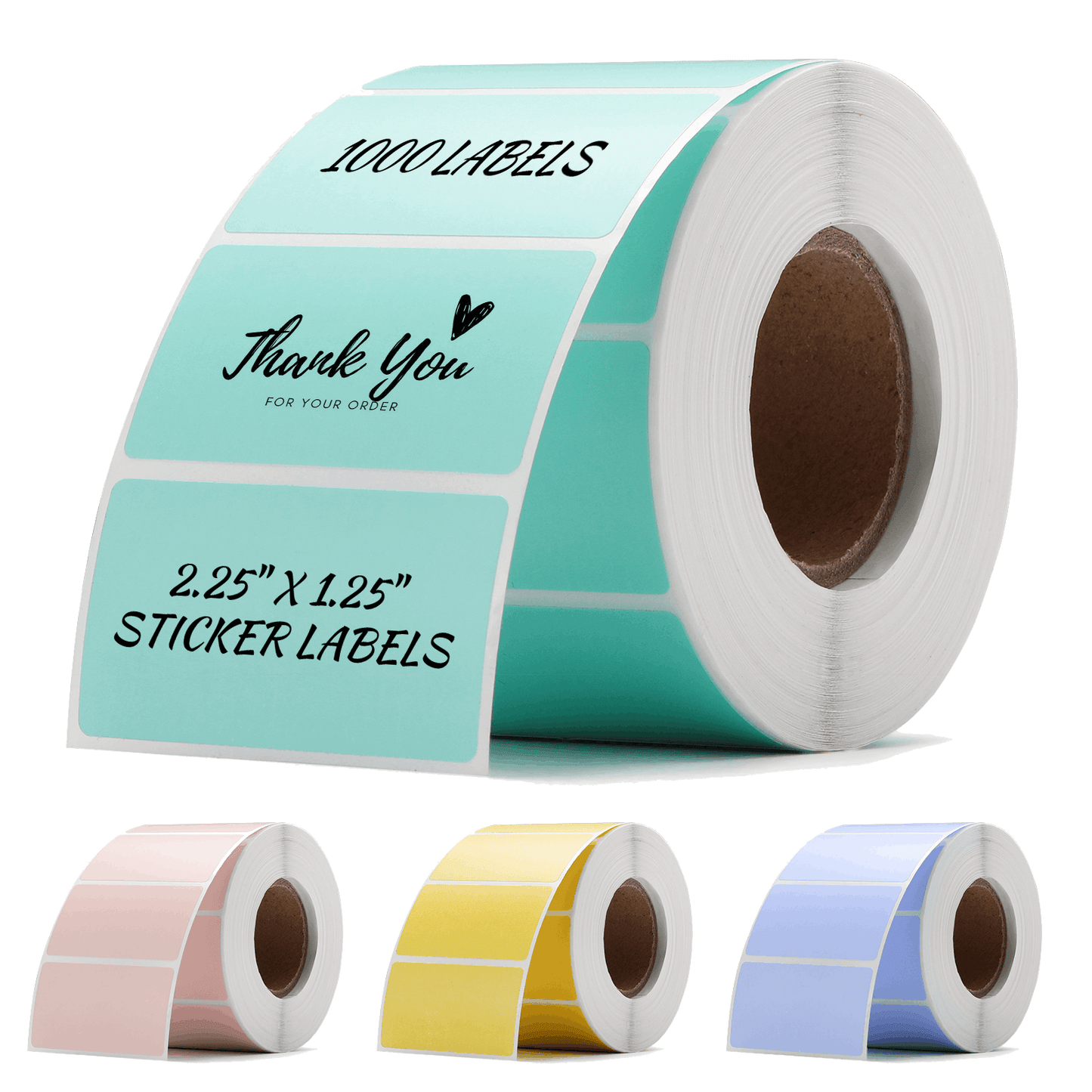 Four rolls of sticker labels in different colors (purple, pink, blue, yellow), with '2.25" x 1.