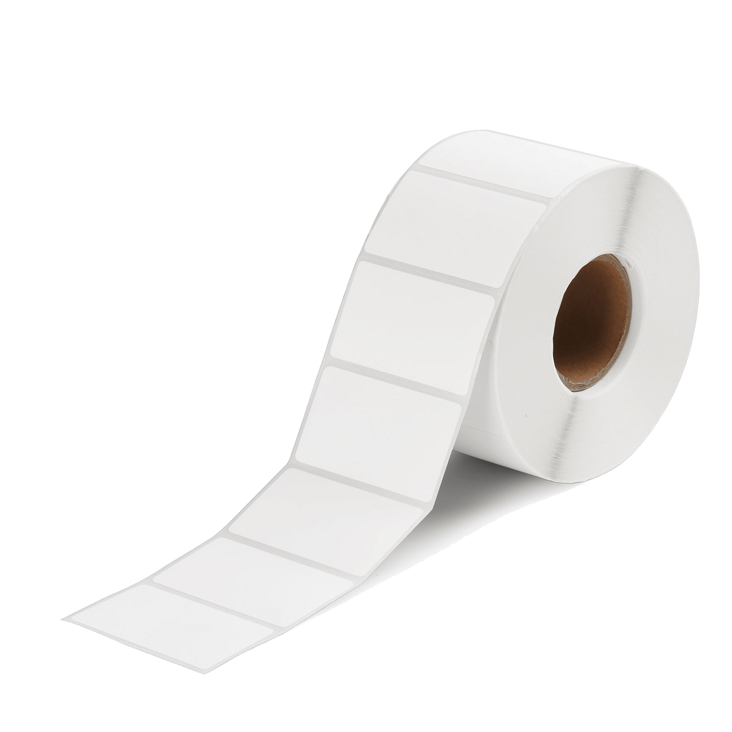 A roll of white direct thermal labels with perforations, intended for use in thermal printers.