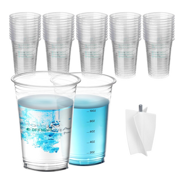 Clear plastic cups with measurement markings, a funnel, and cleaning wipes on a white background