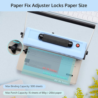 Paper fix adjuster locking paper size: A5: 34 holes; Letter size: 44 holes; A4: 46 holes
Max Binding Capacity: 500 sheets
Max Punch Capacity: 15 sheets of 80g (~20lb) paper