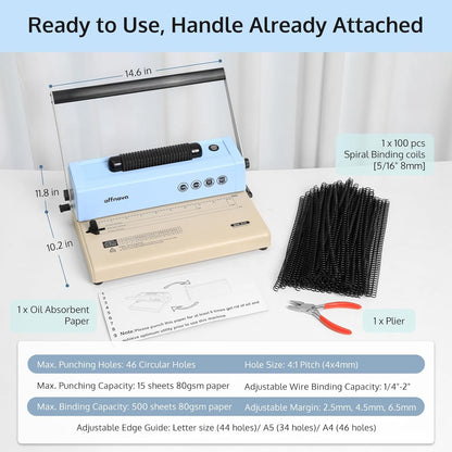 OFFNOVA spiral binding machine has a oil absorbent paper and 100pcs spiral binding coils.