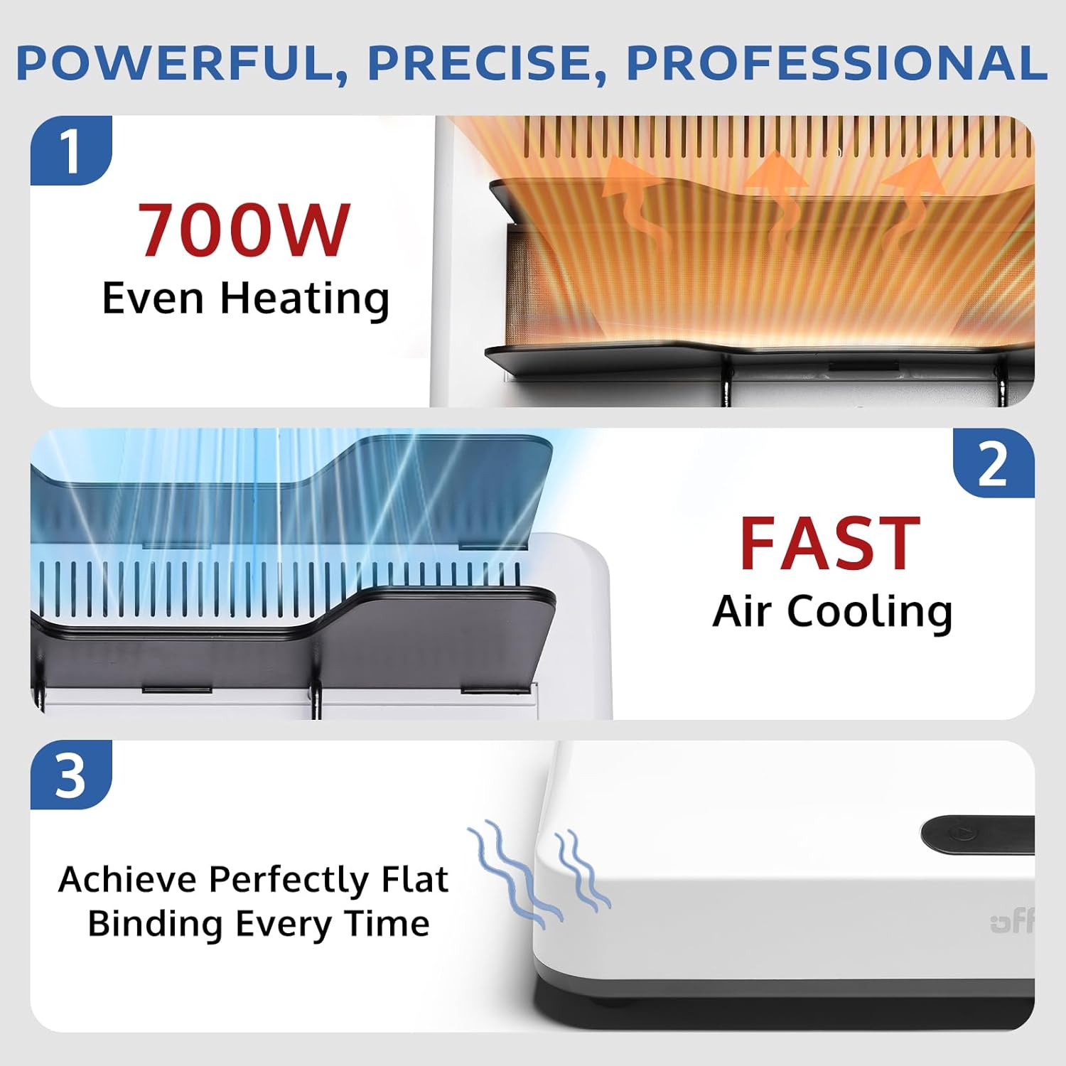 OFFNOVA Thermal binding mahine with features highlighted: 700W even heating, fast air cooling, and perfect flat binding.