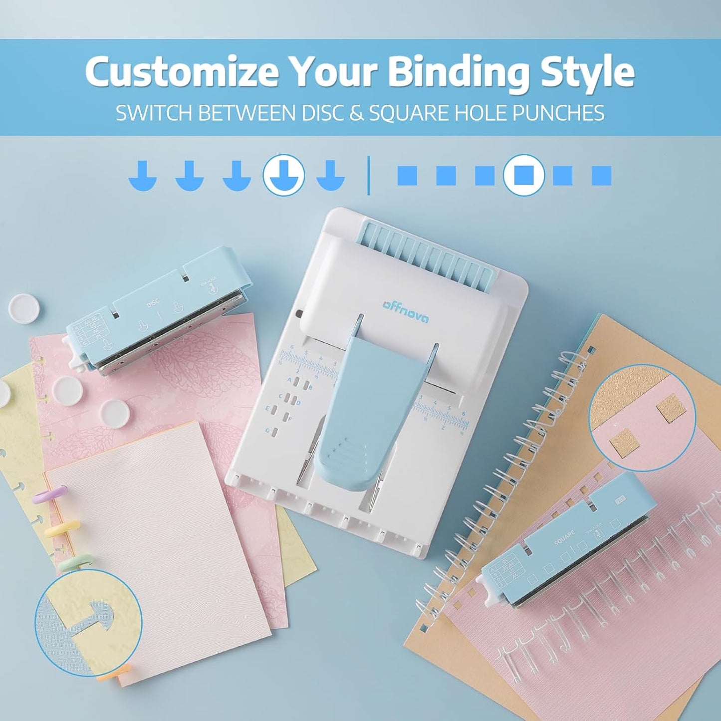 Customize your binding style by switching between disc and square hole punches