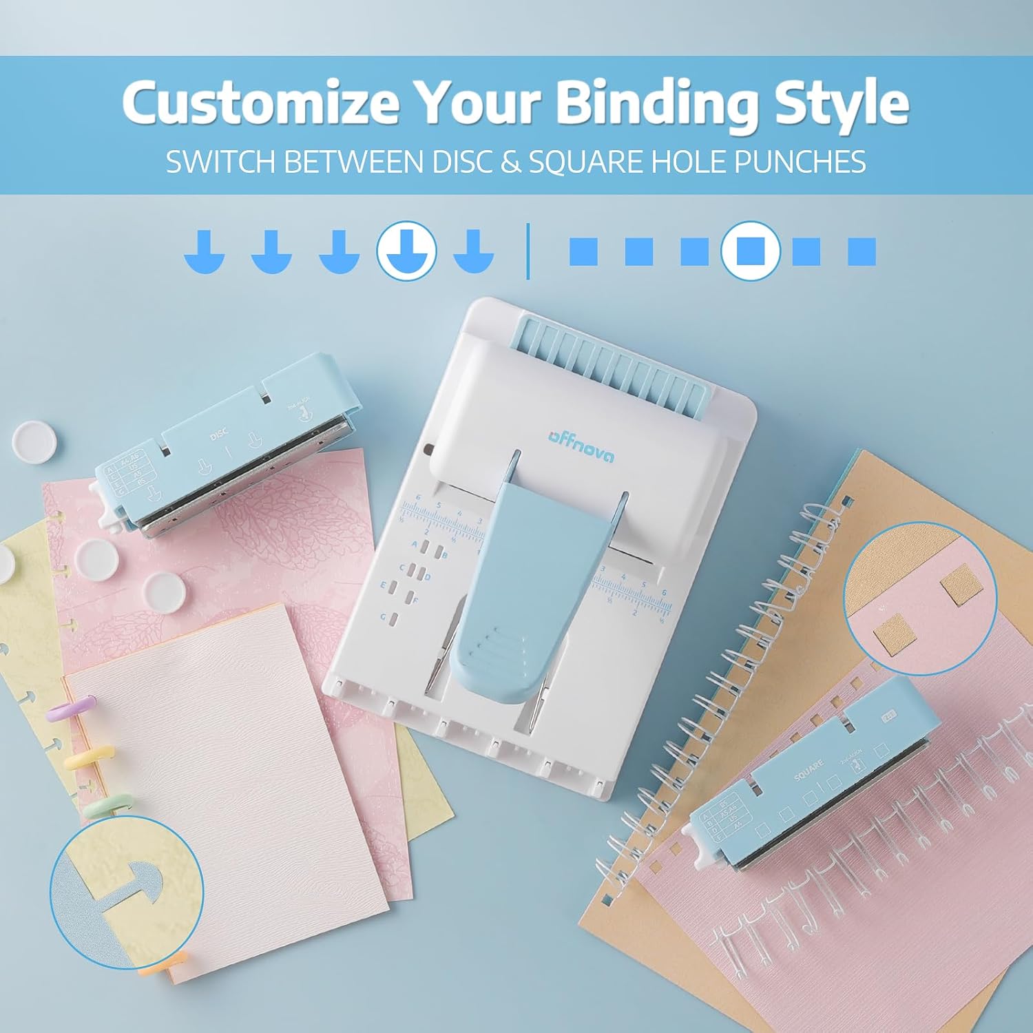 Customize your binding style by switching between disc and square hole punches