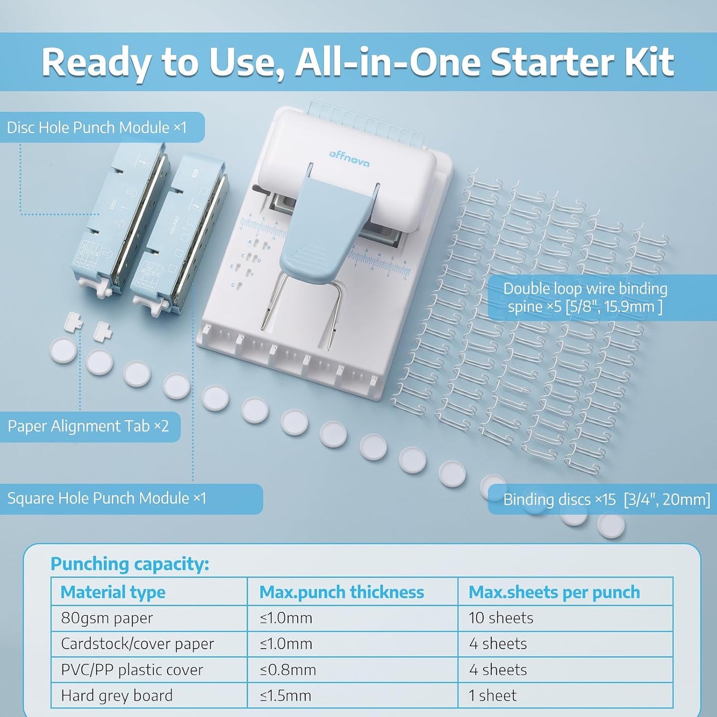 All-in-one mini binding machine starter kit with disc hole punching modules and double loop wire binding spine