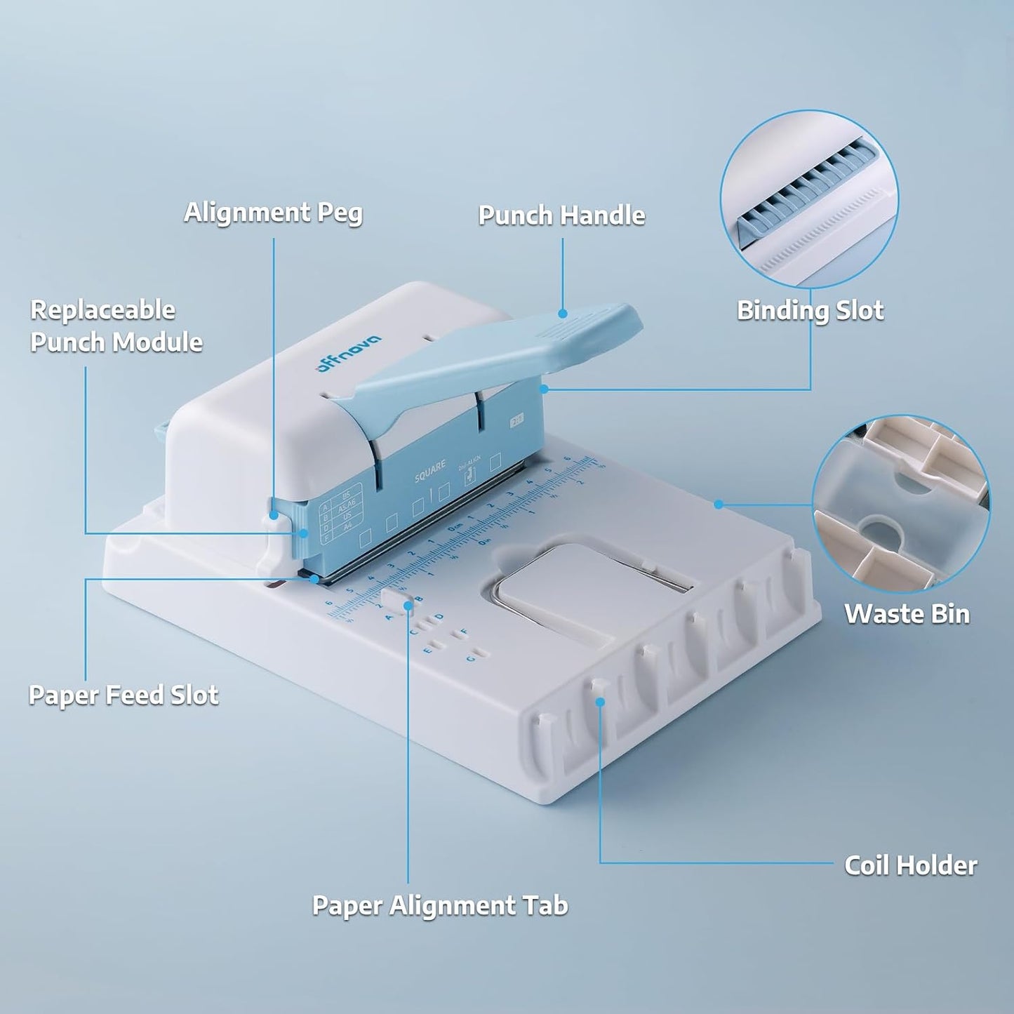 Diagram of OFFNOVA mini binding puncher with labeled parts