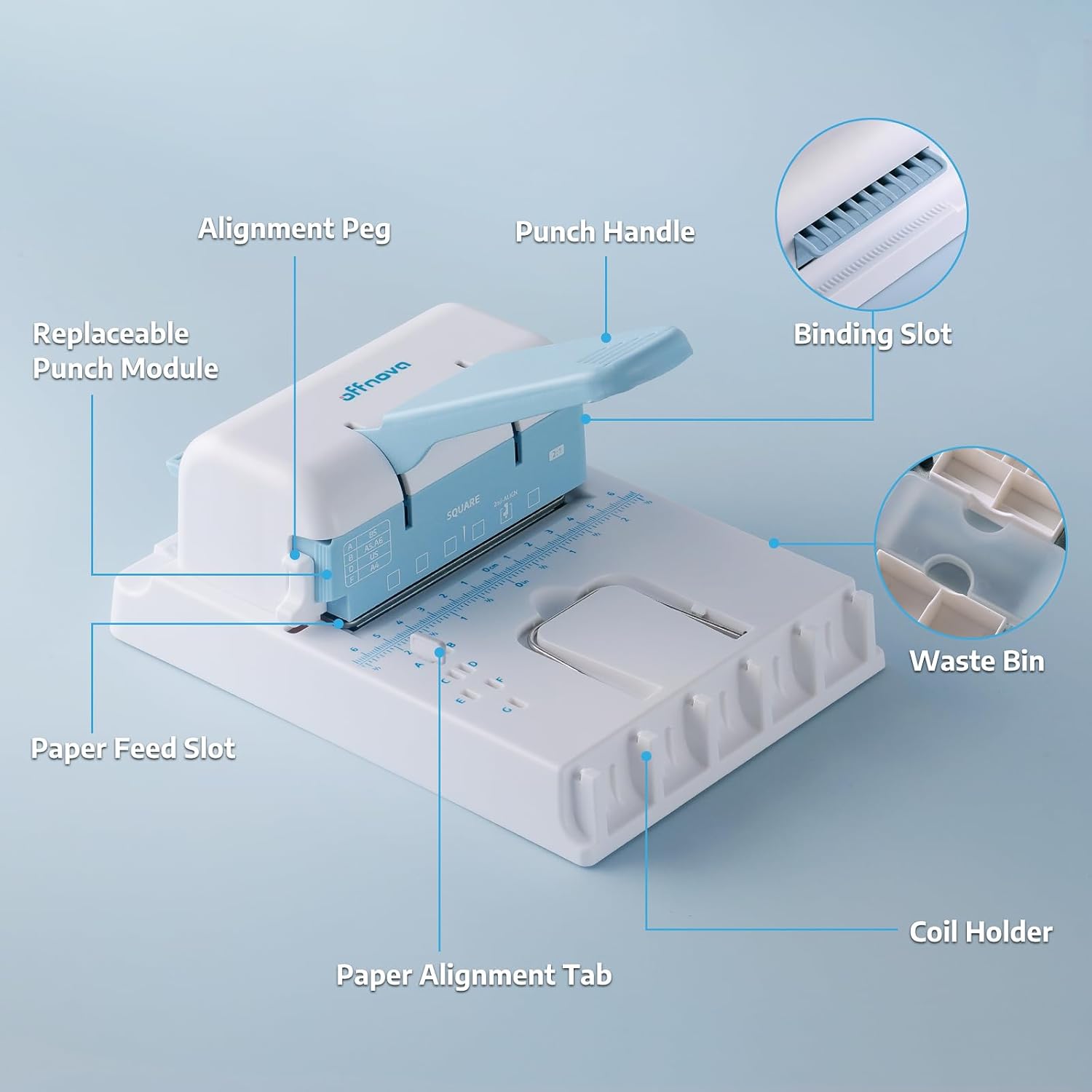 Diagram of OFFNOVA mini binding puncher with labeled parts