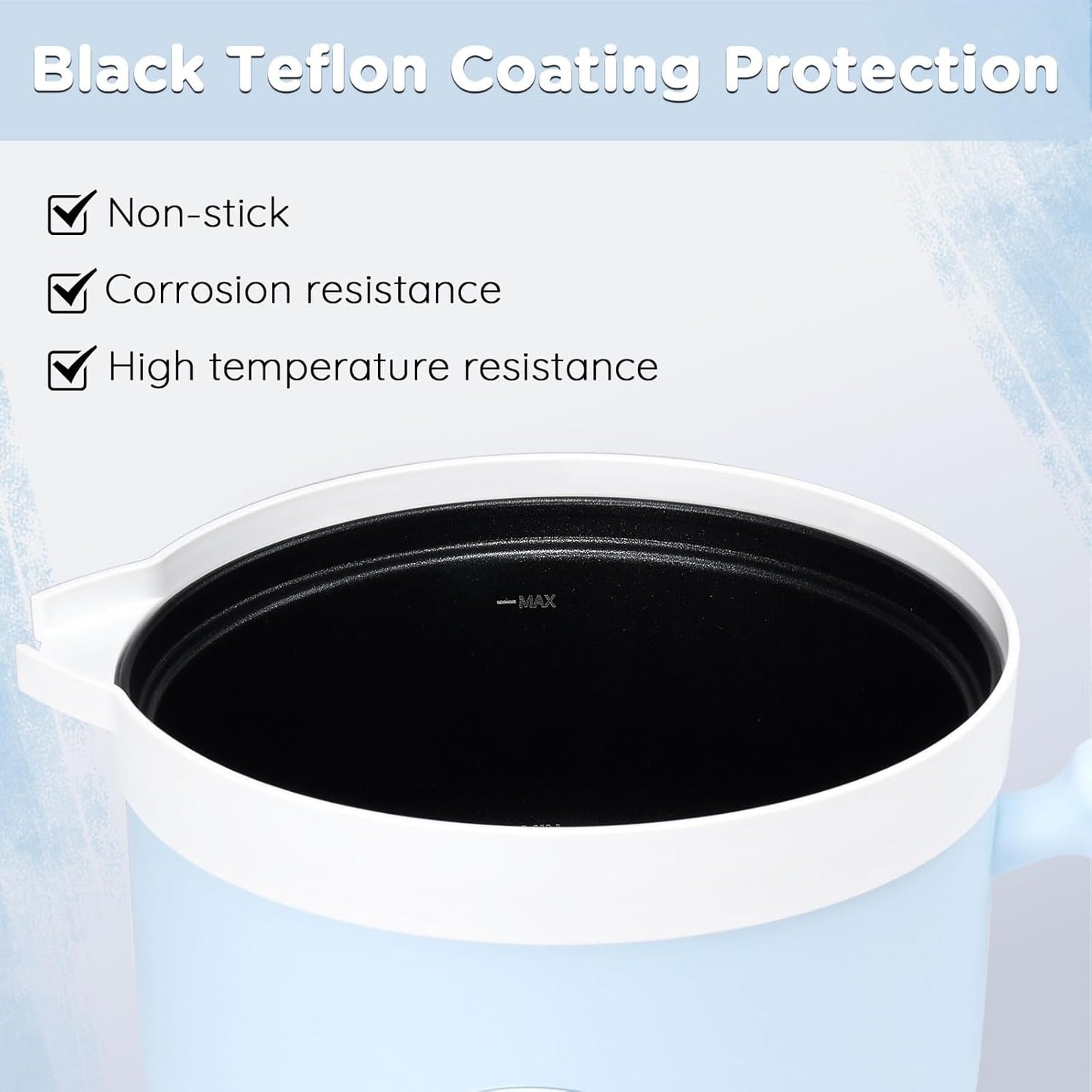 Wax melting pot has black Teflon coating