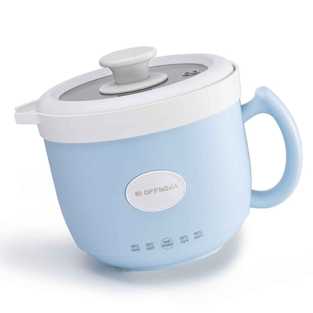 A blue candle wax melting pot with a white lid and a pouring spout, featuring an on/off switch.