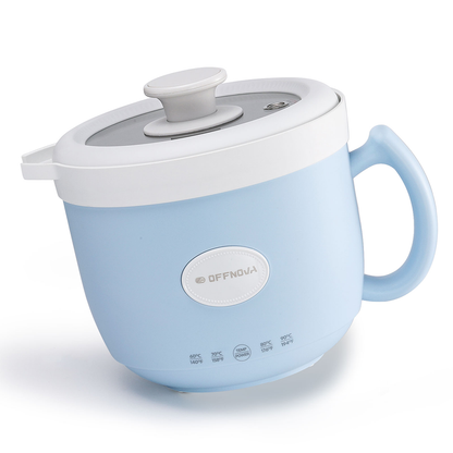 A blue candle wax melting pot with a white lid and a pouring spout, featuring an on/off switch.