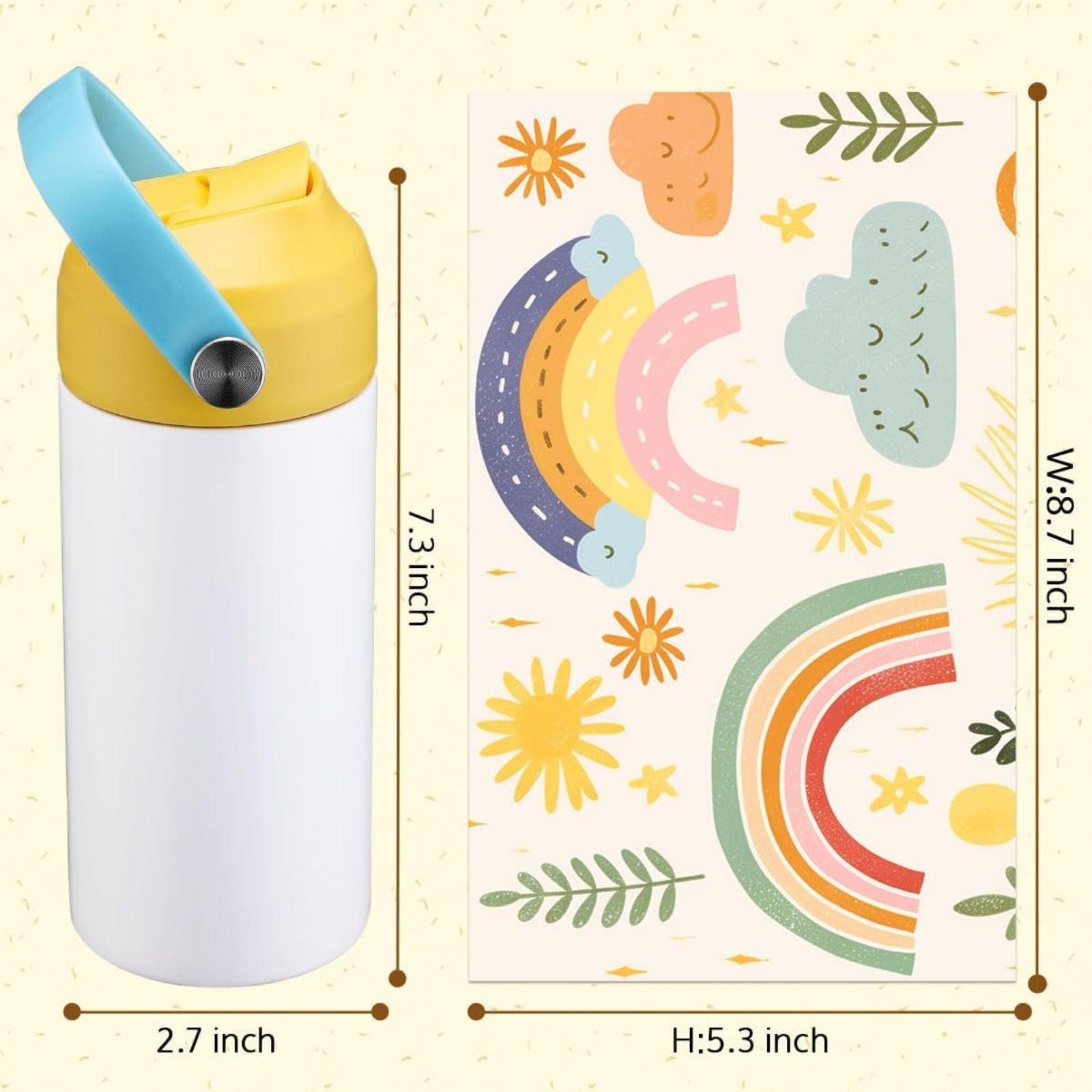 Kid's sublimation tumbler blanks with measurements and a patterned label