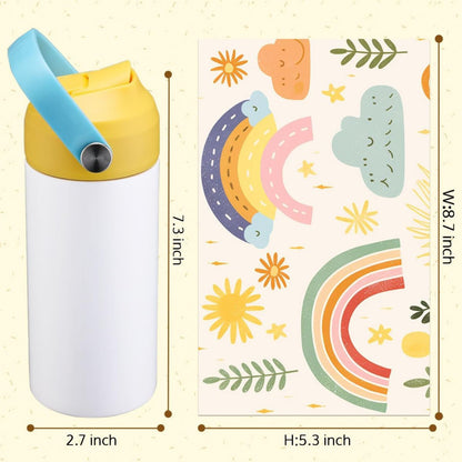 Kid's sublimation tumbler blanks with measurements and a patterned label