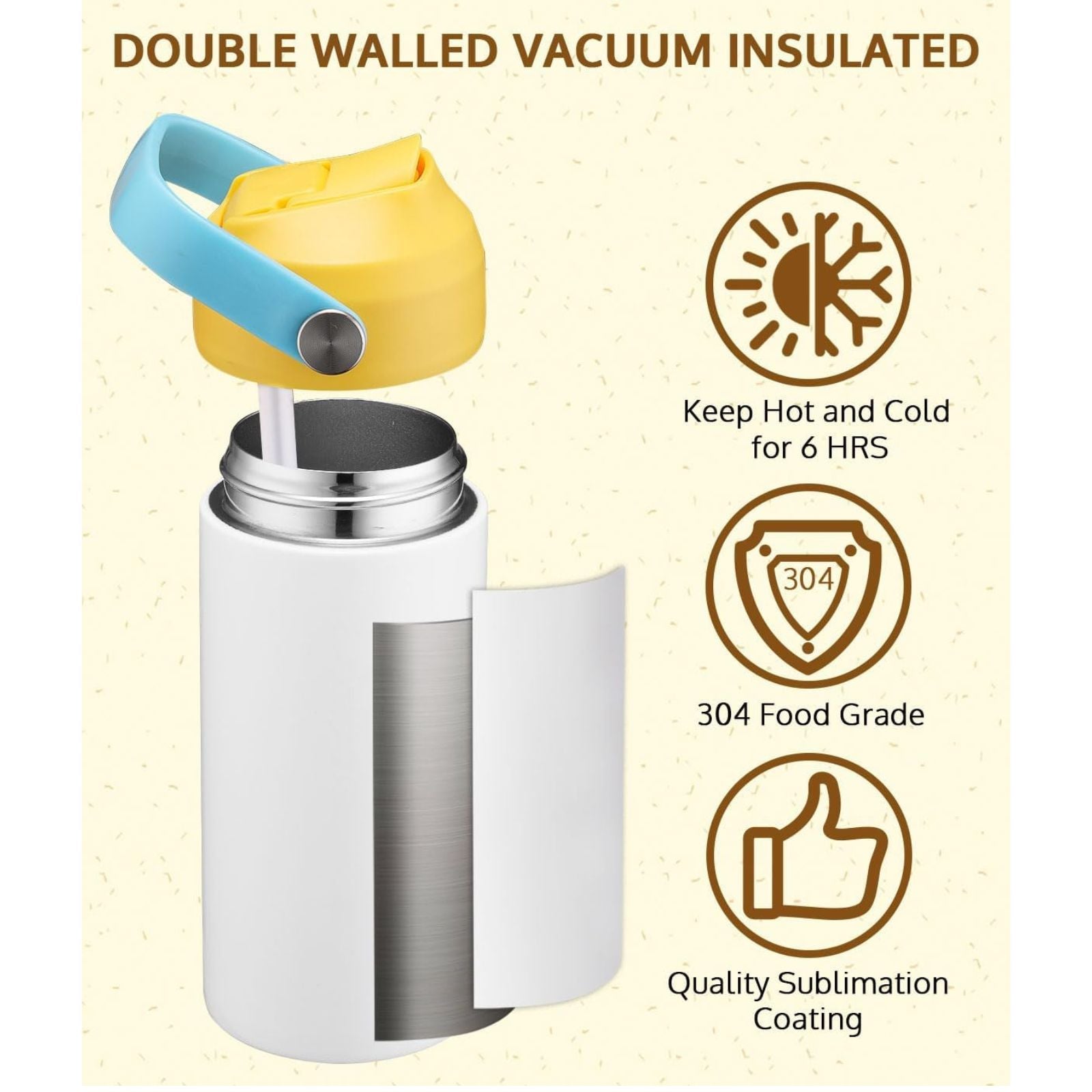 Double-walled vacuum insulated kid's sublimation tumbler blanks with yellow lid and blue handle - Keep Hot and Cold for 6 HRS; 304 Food Grade; Quality Sublimation Coating