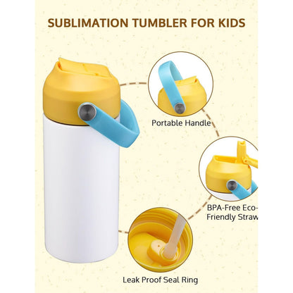 Yellow and white sublimation tumbler blanks with blue handle - Portable Handle; BPA-Free Eco-Friendly Straw; Leak Proof Seal Ring