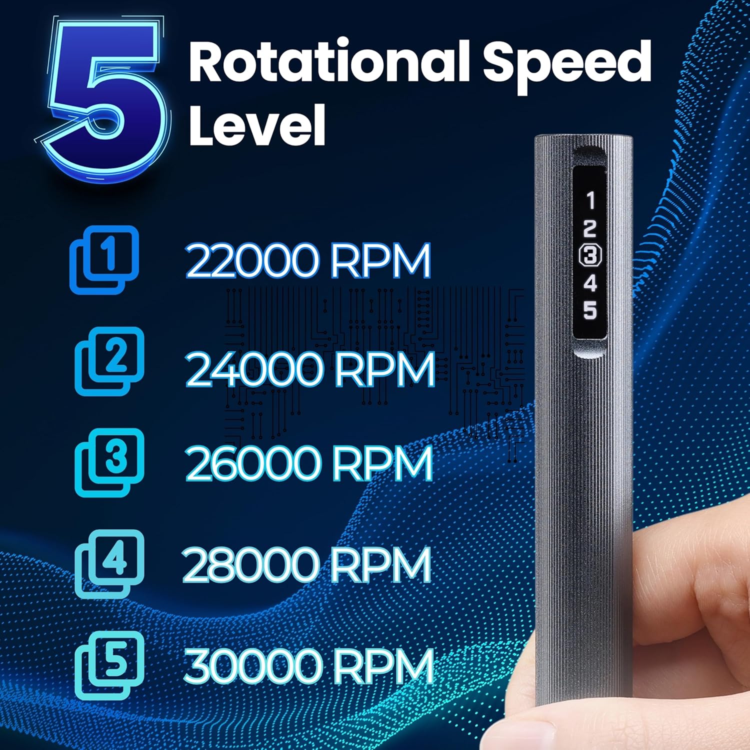 5 Rotational Speed Level - 22000 RPM; 24000 RPM; 26000 RPM; 28000 RPM; 30000 RPM