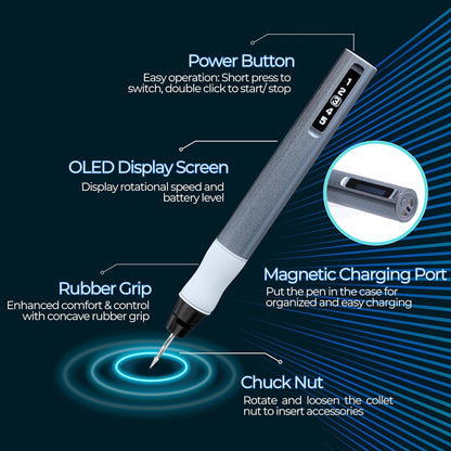 Technical diagram of a engraving pen: Power Button - Easy operation: Short press to switch,double click to start/stop; OLED Display Screen: Display rotational speed and battery level; Rubber Grip: Enhanced comfort & control with concave rubber grip; Magnetic Charging Port: Put the pen in the case for organized and easy charging; Chuck Nut: Rotate and loosen the collet nut to insert accessories.