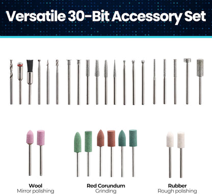 Versatile 30-bit accessory set with different types of bits for mirror polishing, grinding, and rough polishing.