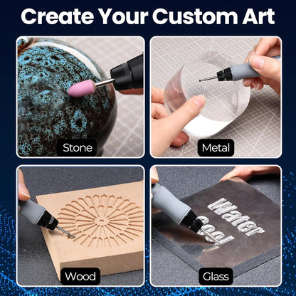 Demonstration of a custom art tool being used on stone, metal, wood, and glass.