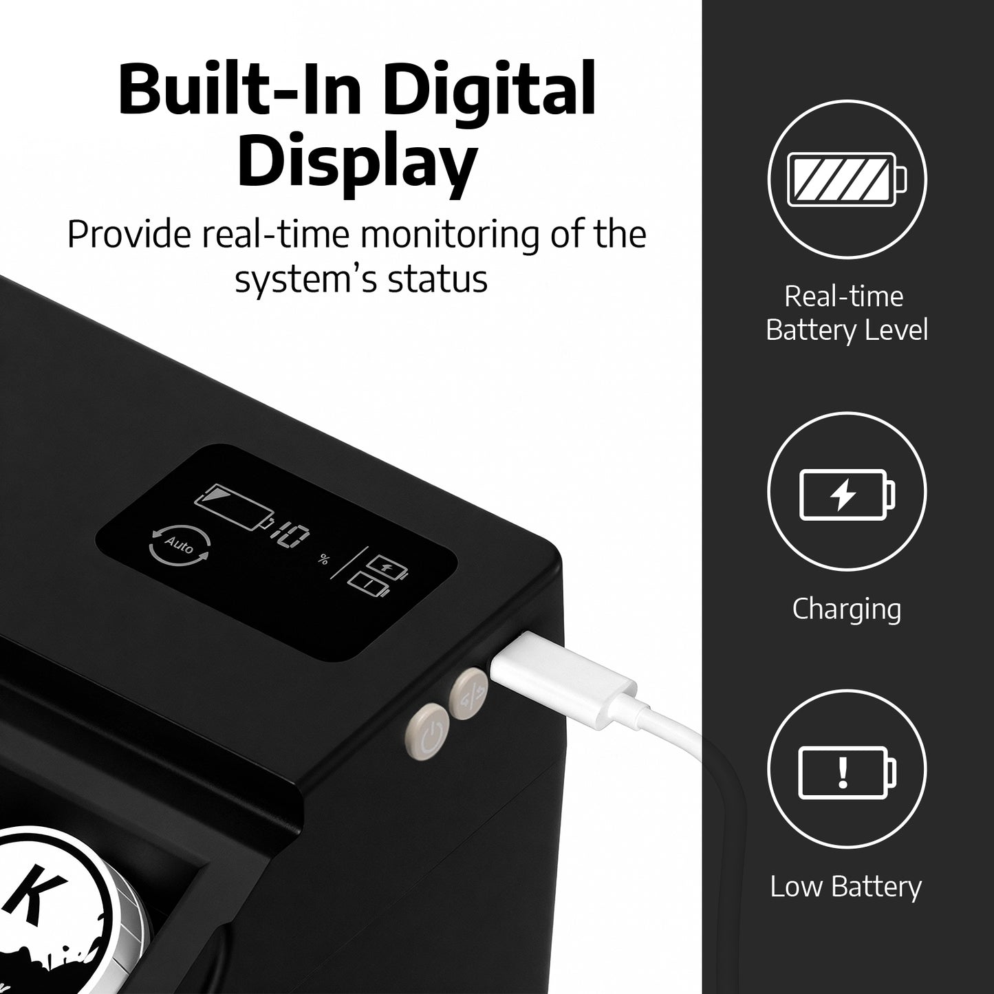 This black upgraded DTF CISS with a built-in digital display showing battery level, charging, and low battery indicators.