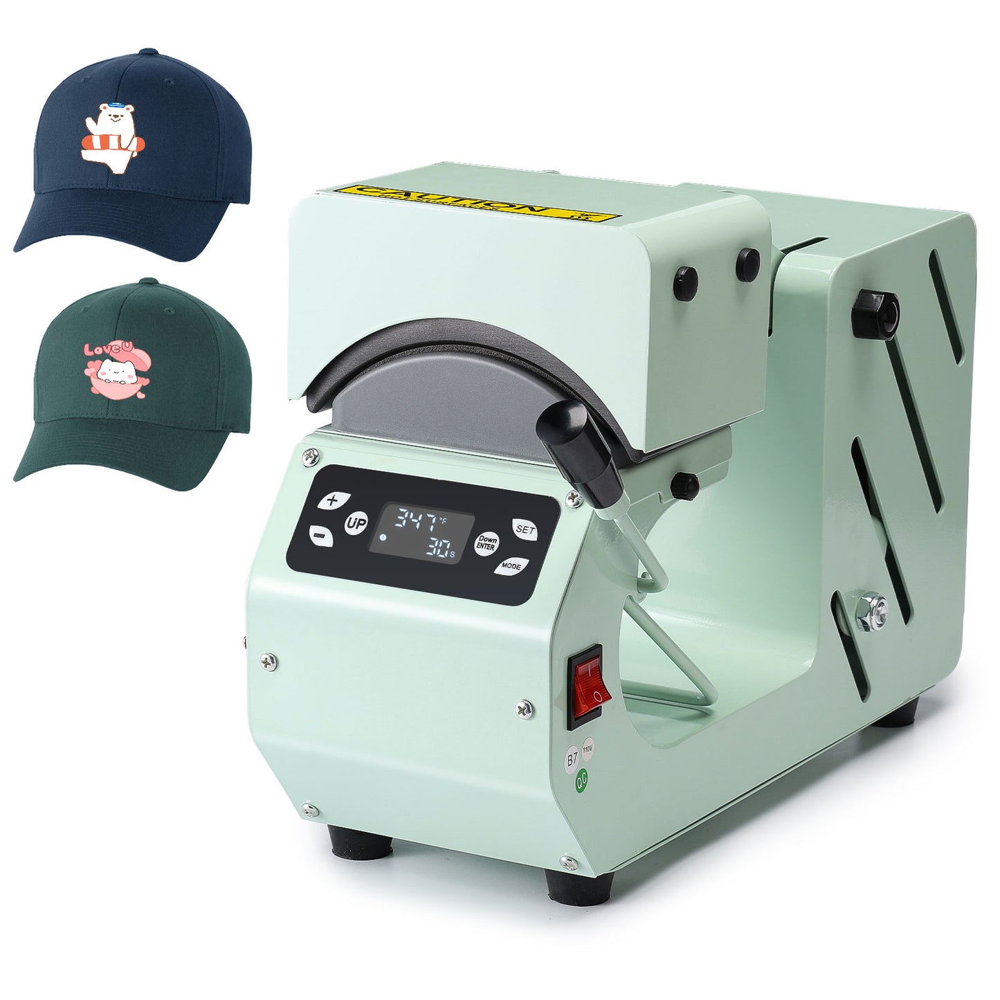 Auto Hat Heat Press Machine with interchangeable platens is compact and has a digital control panel.
