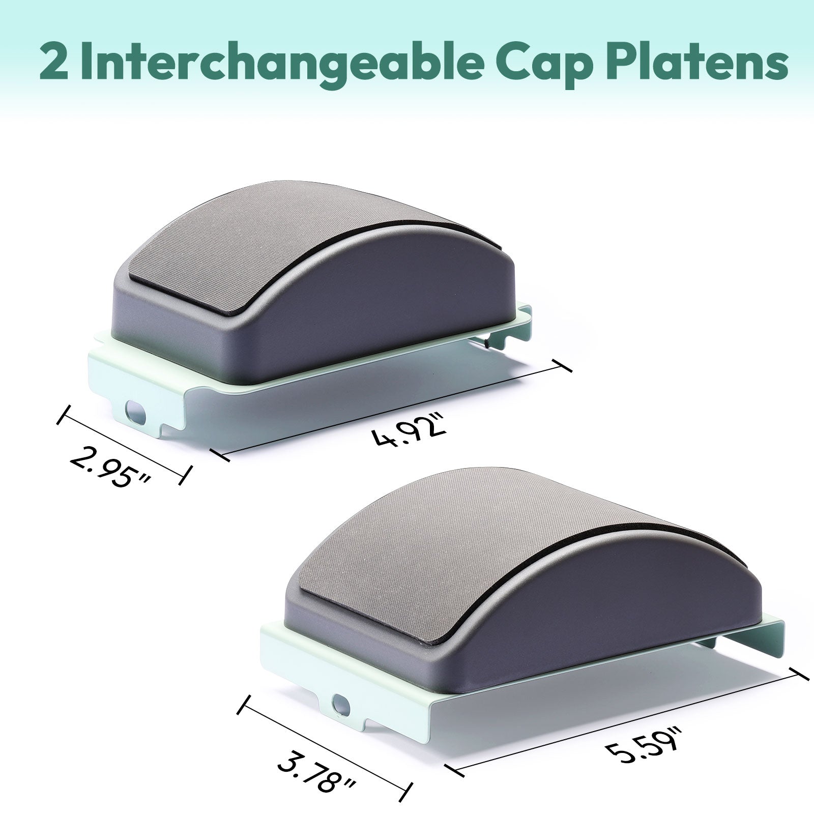 The hat heat press has 2 interchangeable cap platens