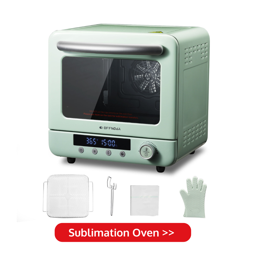 OFFNOVA sublimation oven machine with a digital display, shown with accessories including an oven glove, shrink wraps.