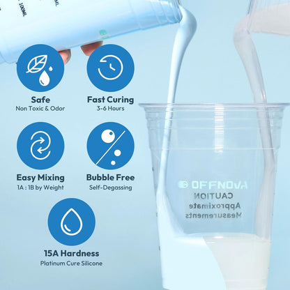 Safe: Non Toxic & Odor; Easy Mixing: 1A : 1B by Weight; Fast Curing: 3-6 Hours; Bubble Free: Self-Degassing; 15A Hardness: Platinum Cure Silicone