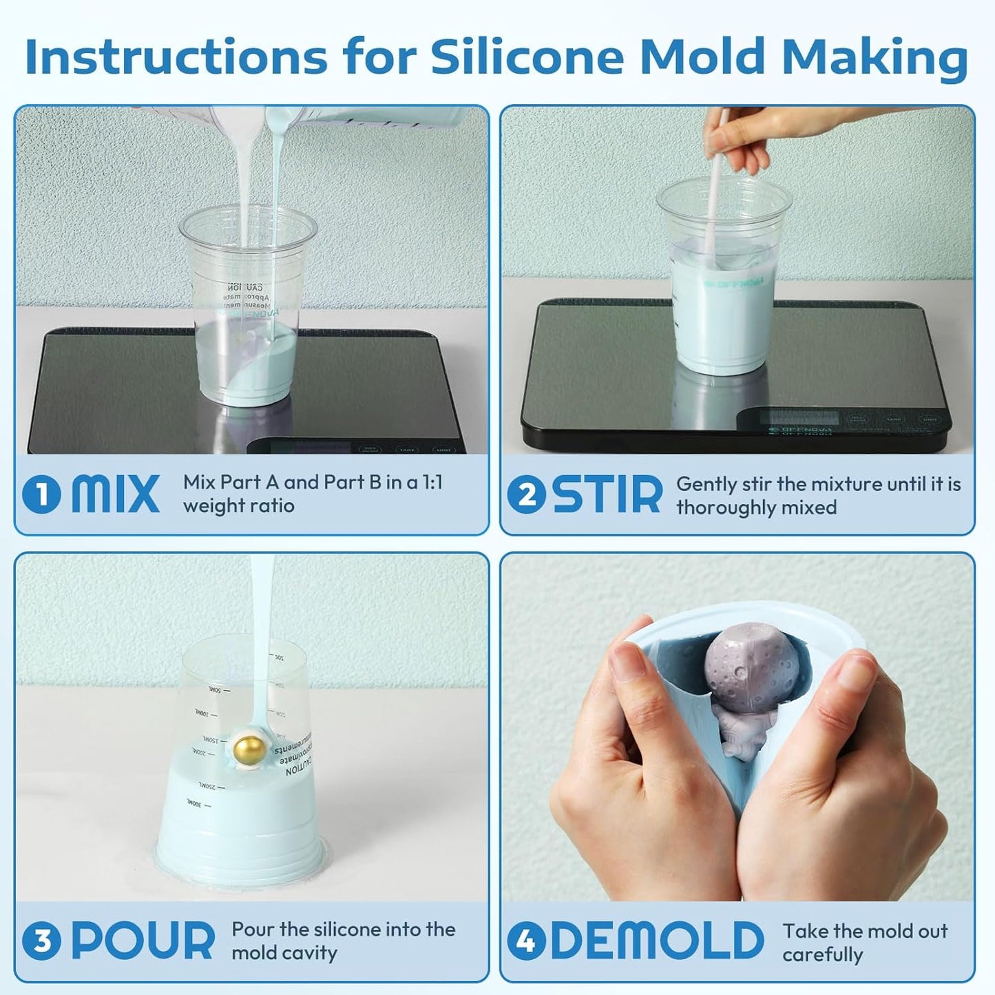 Step-by-step instructions for silicone mold making with images of mixing, stirring, pouring, and demolding.