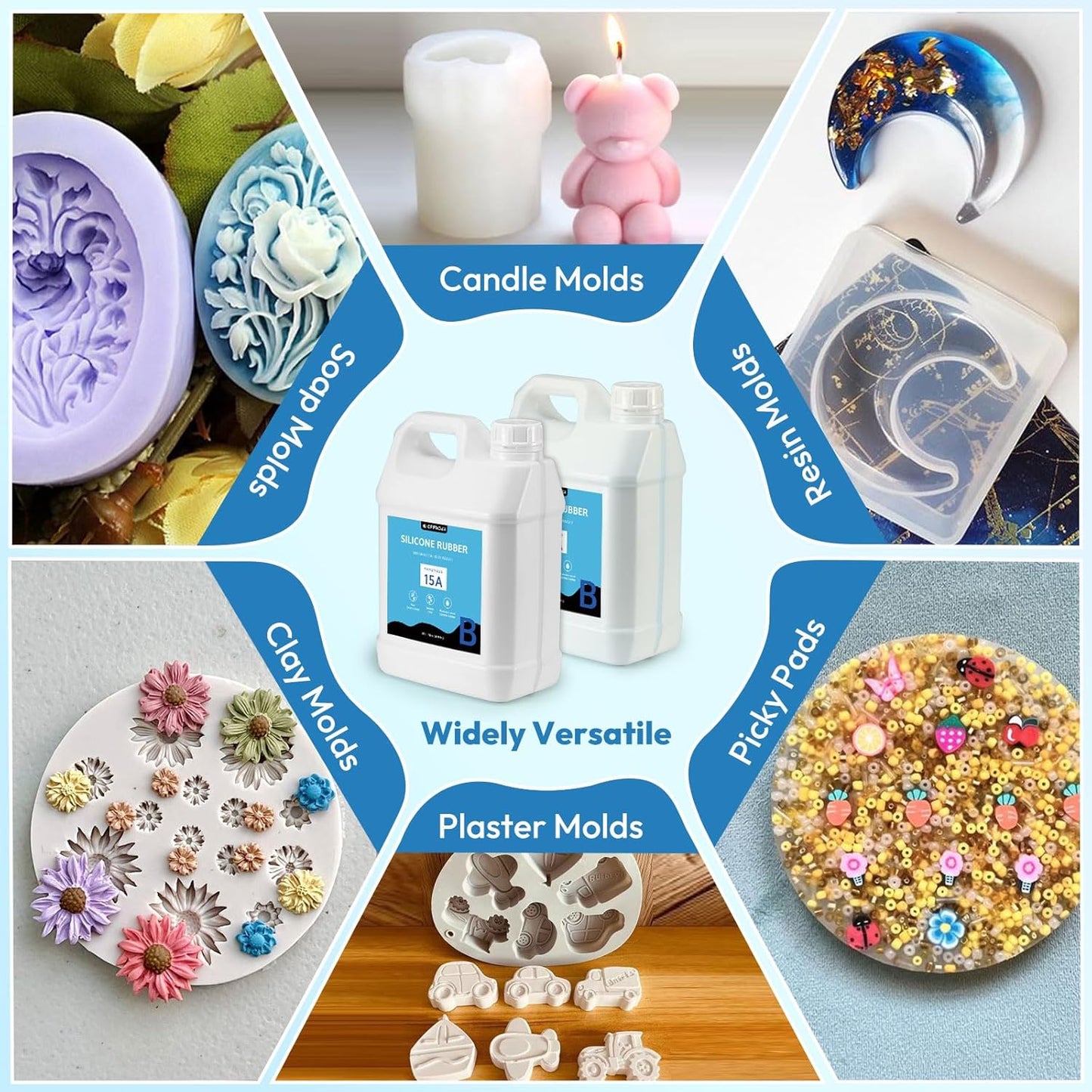 Widely Versatile of various mold products including candle, resin, clay, soap, and plaster molds, and picky pads.