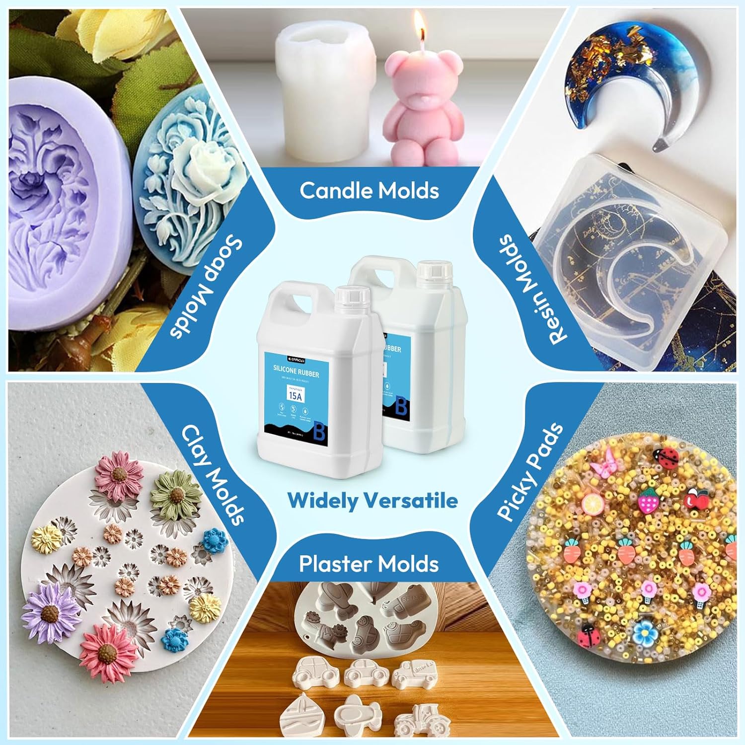 Widely Versatile of various mold products including candle, resin, clay, soap, and plaster molds, and picky pads.