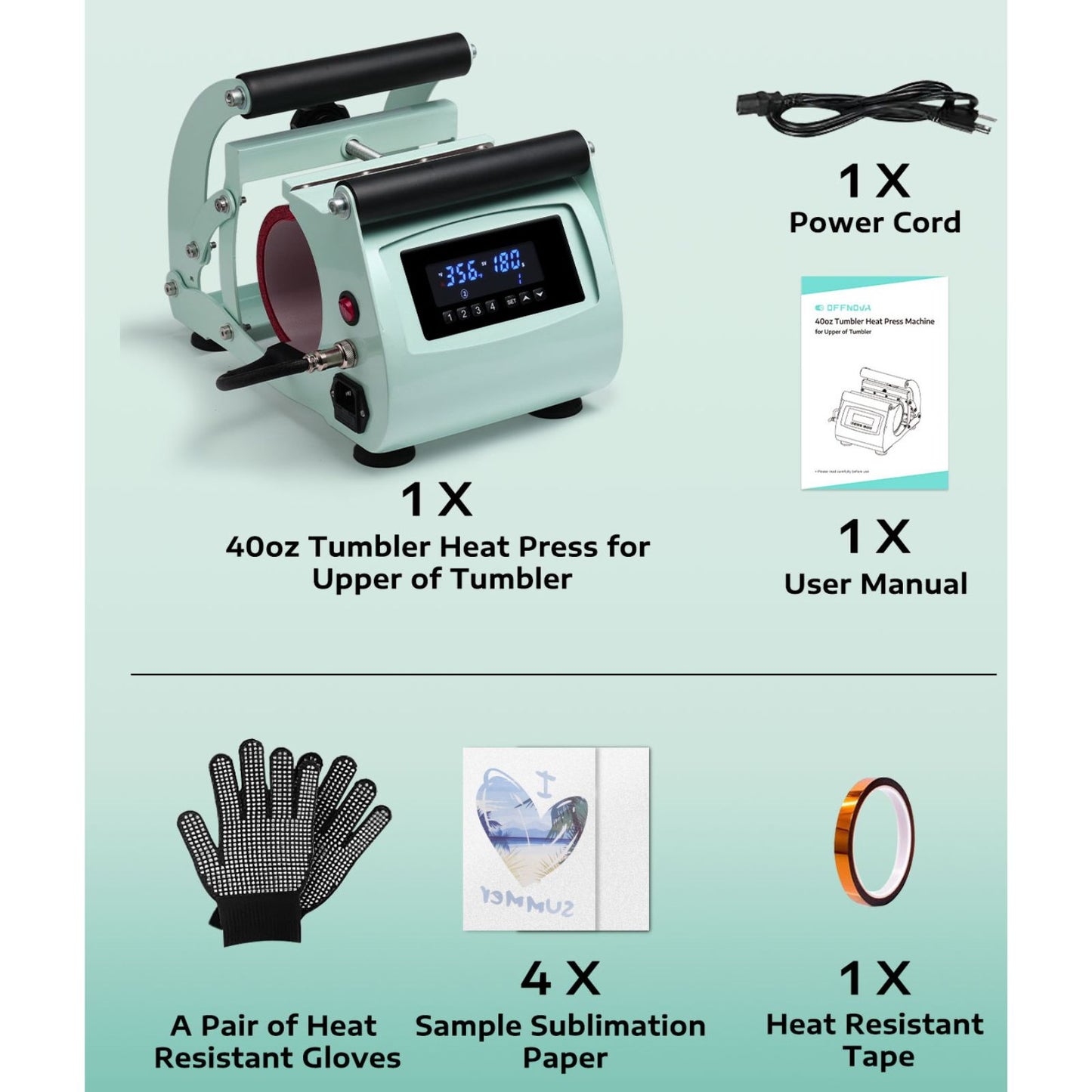 Tumbler heat press kit with power cord, user manual, gloves, sublimation paper, and heat resistant tape.