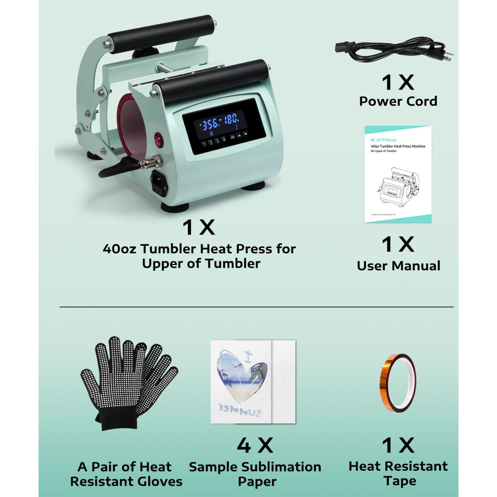 Tumbler heat press kit with power cord, user manual, gloves, sublimation paper, and heat resistant tape.