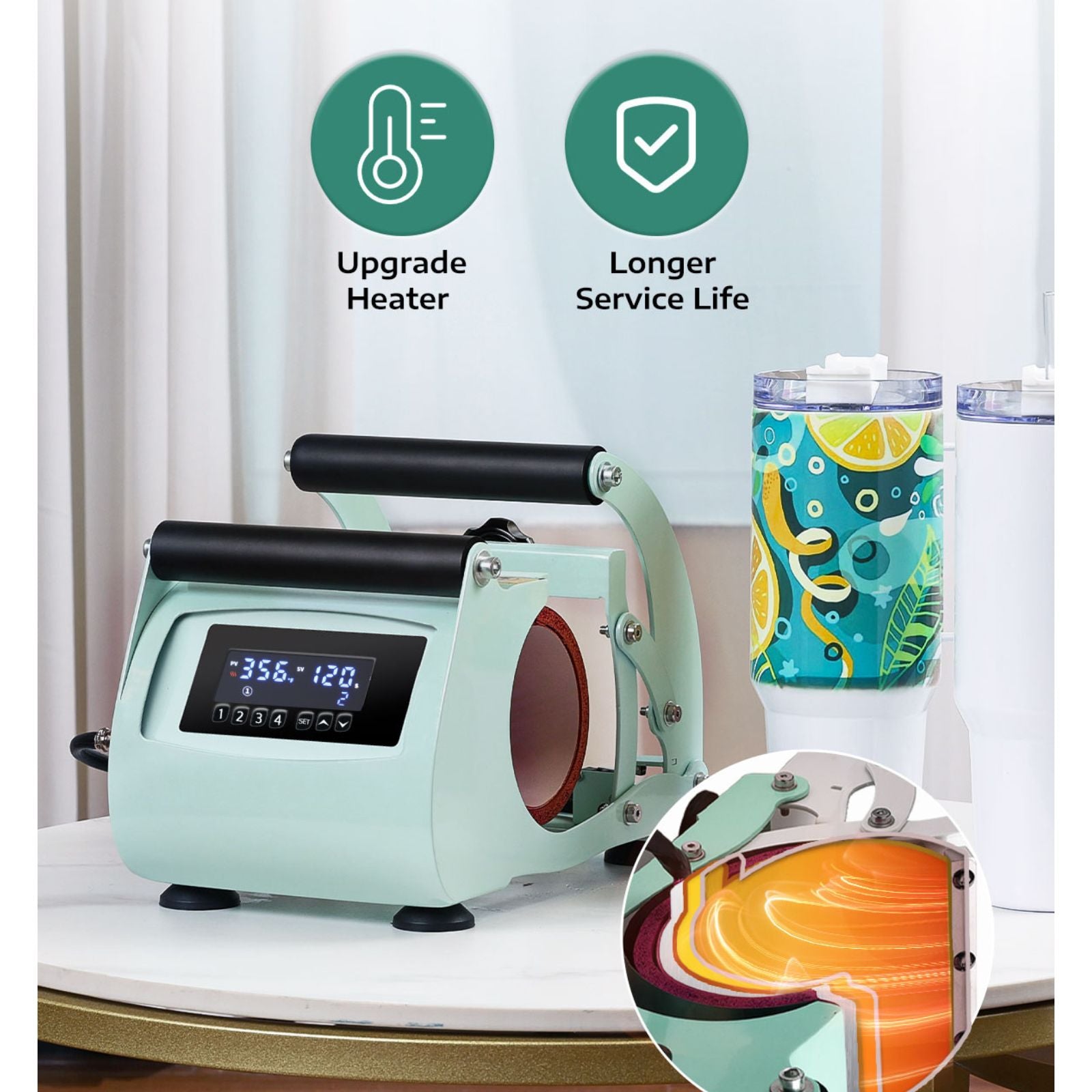 The sublimation heat press machine with digital display has upgraded heater and longer service life.