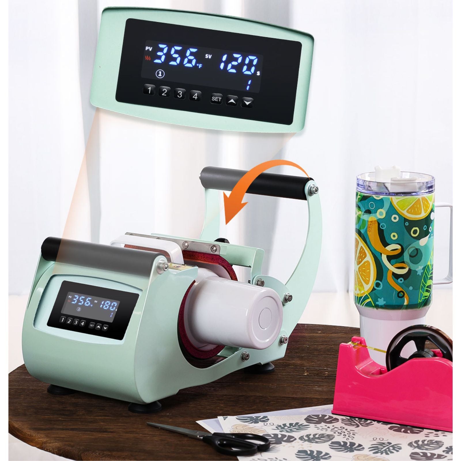 Sublimation heat press machine are sublimating a colorful mug