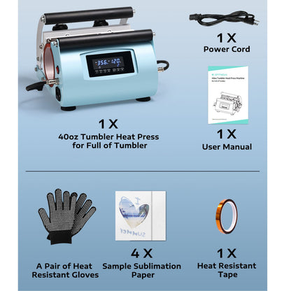 40oz Tumbler Heat Press kit with power cord, user manual, gloves, sublimation paper, and heat resistant tape.