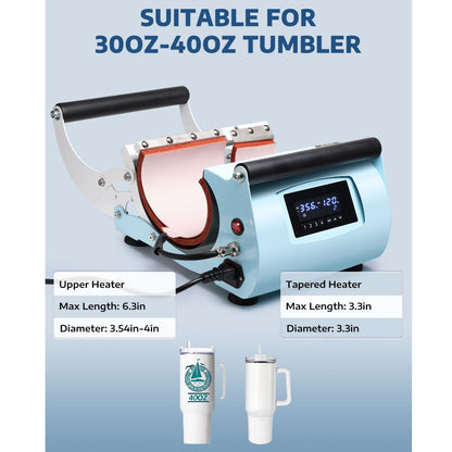 Heat press machine suitable for 30oz-40oz tumblers with product dimensions displayed.