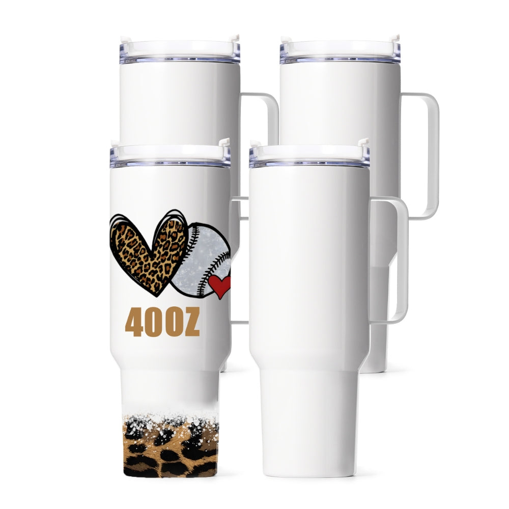A set of four white 40oz sublimation blank stainless steel tumblers