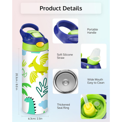 Product details of kids' water bottle with features like a portable handle, soft silicone straw, and thickened seal ring.