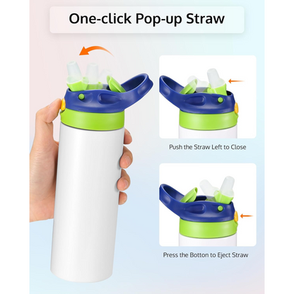 OFFNOVA sublimation water bottle with blue and green lid featuring a one-click pop-up straw mechanism.