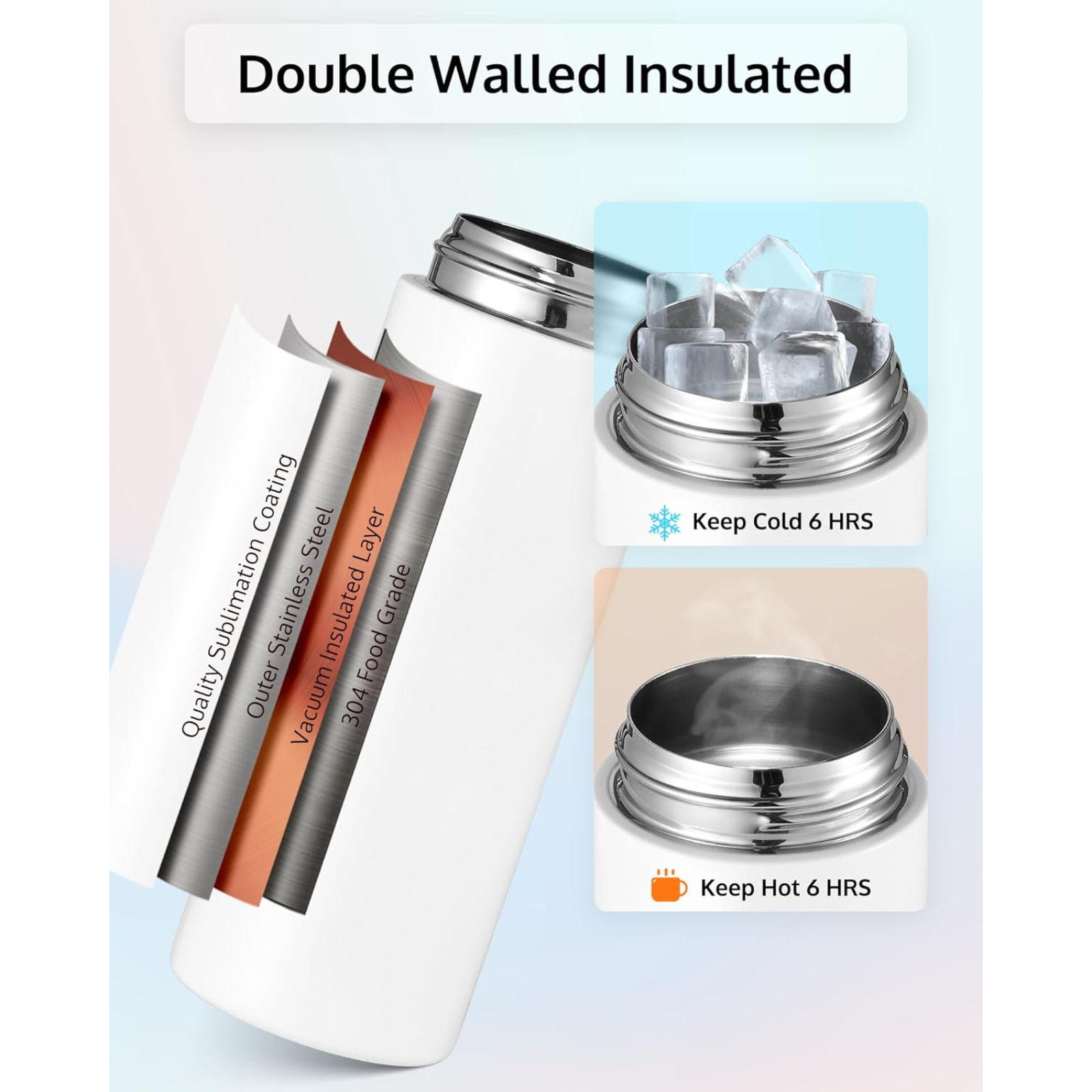 Double walled insulated bottle ensures to keep cold and warm for 6 hours