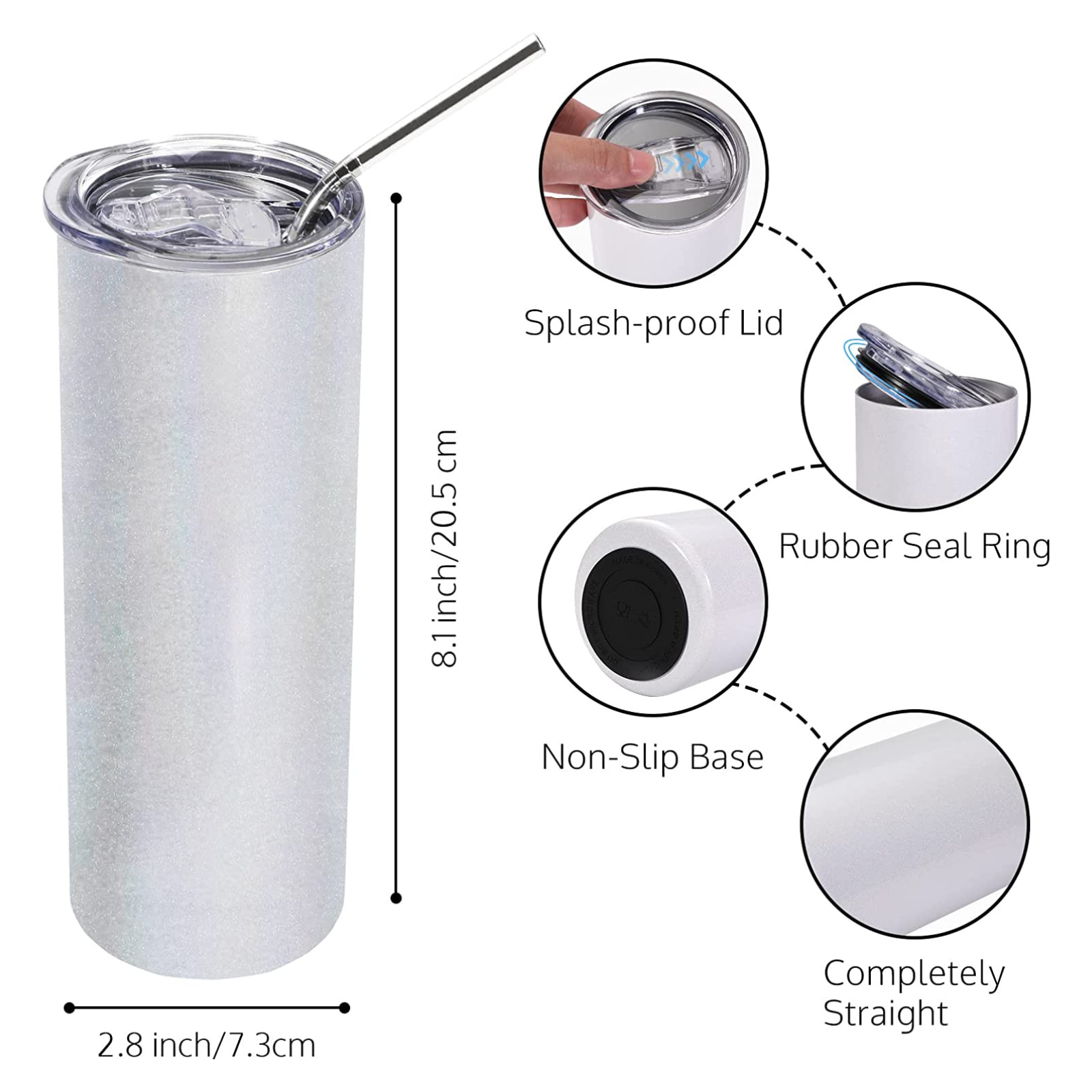Sublimation blank tumbler with features of splash-proof lid, rubber seal ring, non-slip base.