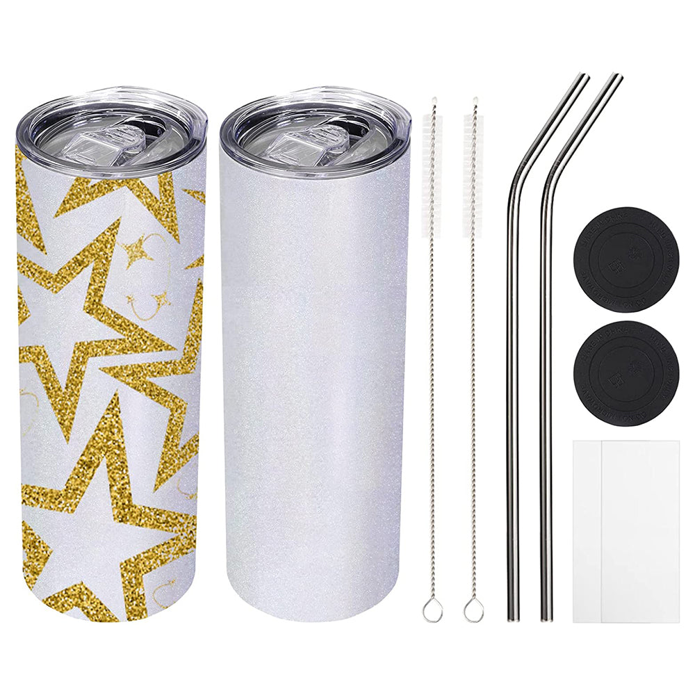 Two stainless steel glitter sublimation tumblers with double-walled vacuum insulation, accompanied by stainless steel straws, shrink wrap, a non-slip silicone base, and straw cleaning brushes.