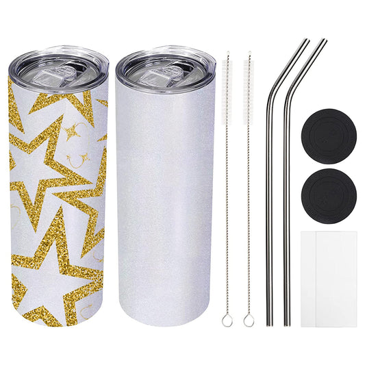 Two stainless steel glitter sublimation tumblers with double-walled vacuum insulation, accompanied by stainless steel straws, shrink wrap, a non-slip silicone base, and straw cleaning brushes.