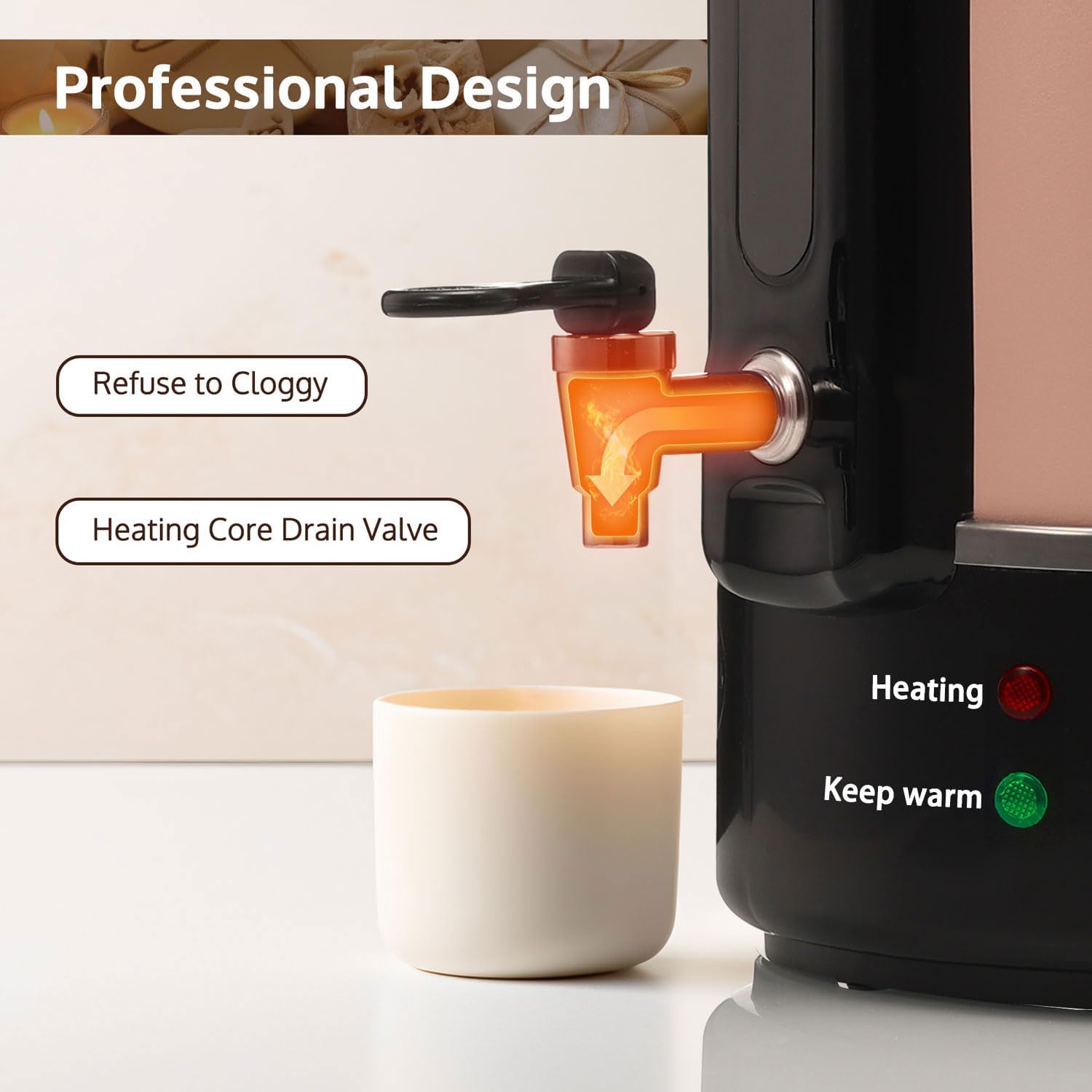 6L wax melter with heating core drain valve