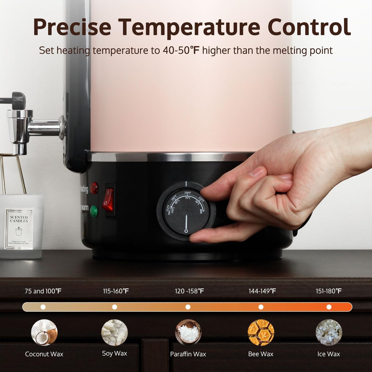Candle warmer with temperature control knob and wax types displayed.
