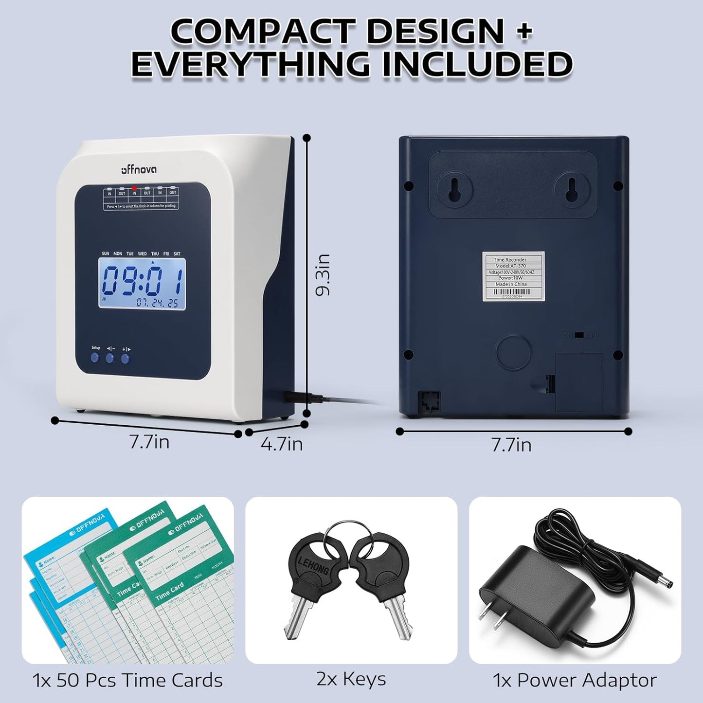 Product packaging with dimensions and included items